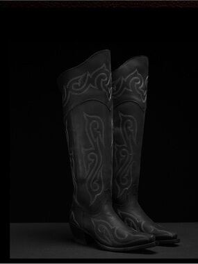 Black Embroidered Knee-High Heeled Boots - Alfa Western Danna
